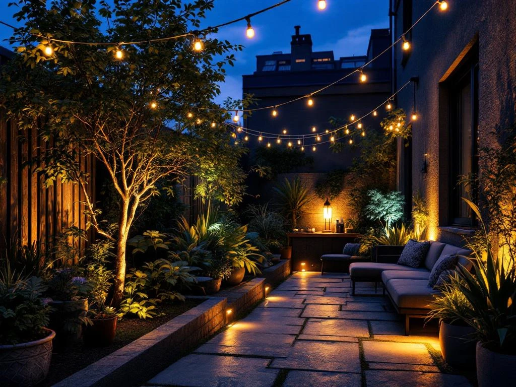 Stedelijk tuinterras in schemering met sfeervol verlichtingsontwerp: slingerverlichting, padverlichting en geaccentueerde planten creëren een gezellige, ruimtelijke sfeer rond de moderne zithoek.