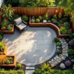 Getransformeerde tuinhoek met meerlaagse verhoogde plantenbakken, kleurrijke bloemen, stenen pad naar zithoek en decoratieve verlichting in warm zonlicht.