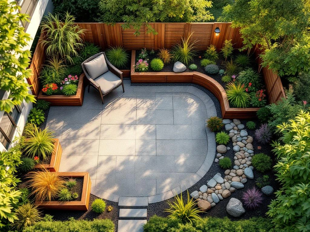 Getransformeerde tuinhoek met meerlaagse verhoogde plantenbakken, kleurrijke bloemen, stenen pad naar zithoek en decoratieve verlichting in warm zonlicht.