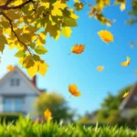 Gezonde boom met enkele gele vallende bladeren in zomerlicht in een verzorgde tuin in Almere. Bladeren zweven tegen blauwe lucht en op het gazon.
