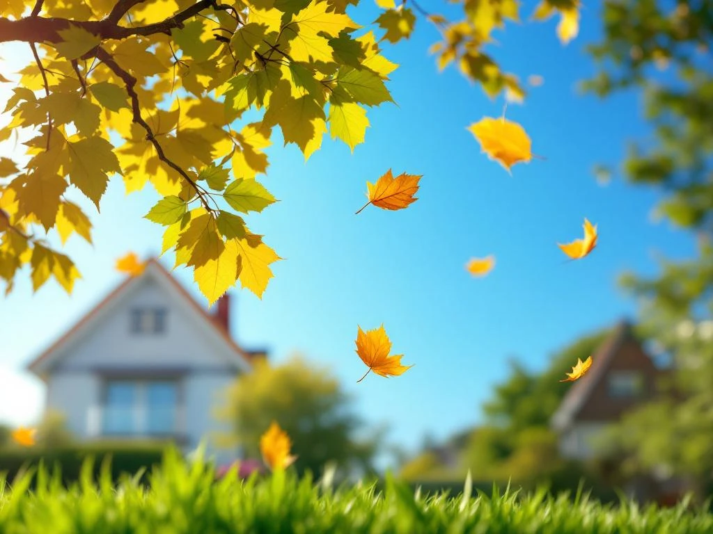Gezonde boom met enkele gele vallende bladeren in zomerlicht in een verzorgde tuin in Almere. Bladeren zweven tegen blauwe lucht en op het gazon.
