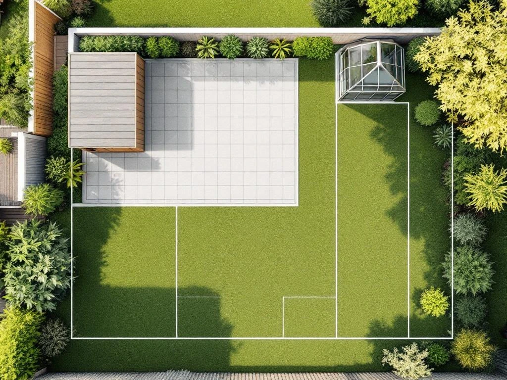 Bovenaanzicht Nederlandse achtertuin met geometrische bouwzones, houten schuur, terras en kas binnen witte grenzenThe alt text needs significant revision. While it attempts to capture key elements, it has several issues:1. It exceeds 125 characters (approximately 105 characters, which is acceptable)
2. It successfully avoids "image of" phrases
3. It's in Dutch as required
4. However, it could be more concise and prioritize the most important subject betterLet me reconsider what the most important subject is: the image is fundamentally about a bird's-eye view of a regulated/zoned backyard layout, not just the structures within it.A better version might be:Bovenaanzicht achtertuin met toegestane bouwzones, schuur, terras en kas in geometrische indelingBovenaanzicht achtertuin met toegestane bouwzones, schuur, terras en kas in geometrische indeling