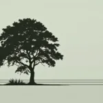 Beukenboom silhouet met snoeischaar op groene achtergrond, toont juiste snoeitechniek en seizoensmarkeringen.