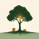 Groene boom silhouet met gestapelde euromunten eronder, wortels als valutasymbolen, symboliseert economische waarde van natuur