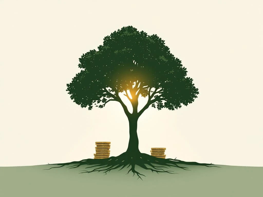 Groene boom silhouet met gestapelde euromunten eronder, wortels als valutasymbolen, symboliseert economische waarde van natuur