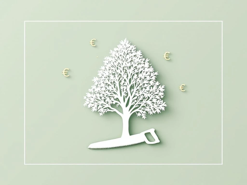 Witte boom silhouet met snoeizaag en euro symbolen op groene achtergrond voor boomverzorgingsdiensten