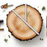 Boomdwarsdoorsnede met jaarringen en meetlint, omringd door professionele boomverwijderingsgereedschappen op witte achtergrond