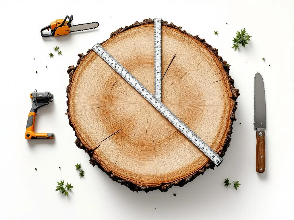 Boomdwarsdoorsnede met jaarringen en meetlint, omringd door professionele boomverwijderingsgereedschappen op witte achtergrond