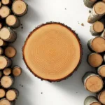 Verse boomstronk met jaarringen en gestapelde houtblokken van bovenaf, minimalistische compositie met natuurlijke houtstructuur