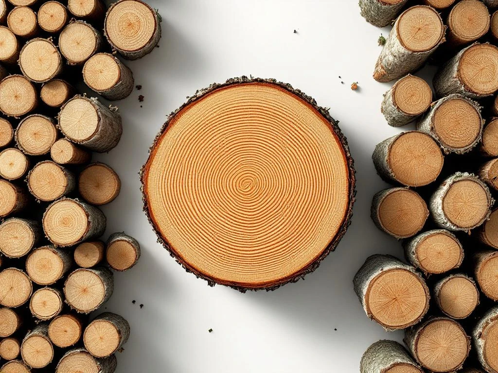 Verse boomstronk met jaarringen en gestapelde houtblokken van bovenaf, minimalistische compositie met natuurlijke houtstructuur