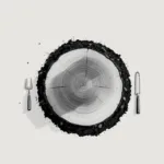 Boomstronk van bovenaf met concentrische ringen, omringd door gereedschap en geometrische cirkels op witte achtergrond