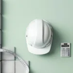 Witte bouwhelm met rekenlint en calculator op groene achtergrond met betonnen tegels in rasterpatroon