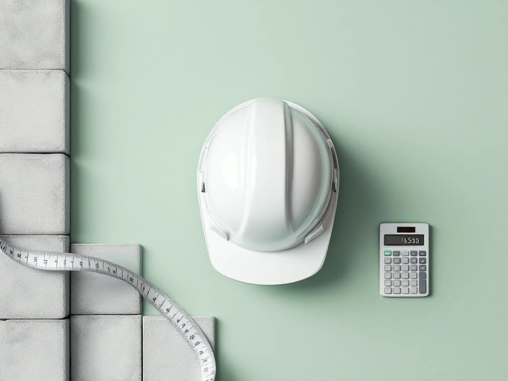 Witte bouwhelm met rekenlint en calculator op groene achtergrond met betonnen tegels in rasterpatroon