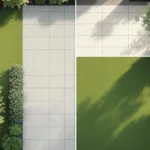 Bovenaanzicht Nederlandse tuin met geometrische bebouwingszones, groen gazon en grijze tegels in strak patroon