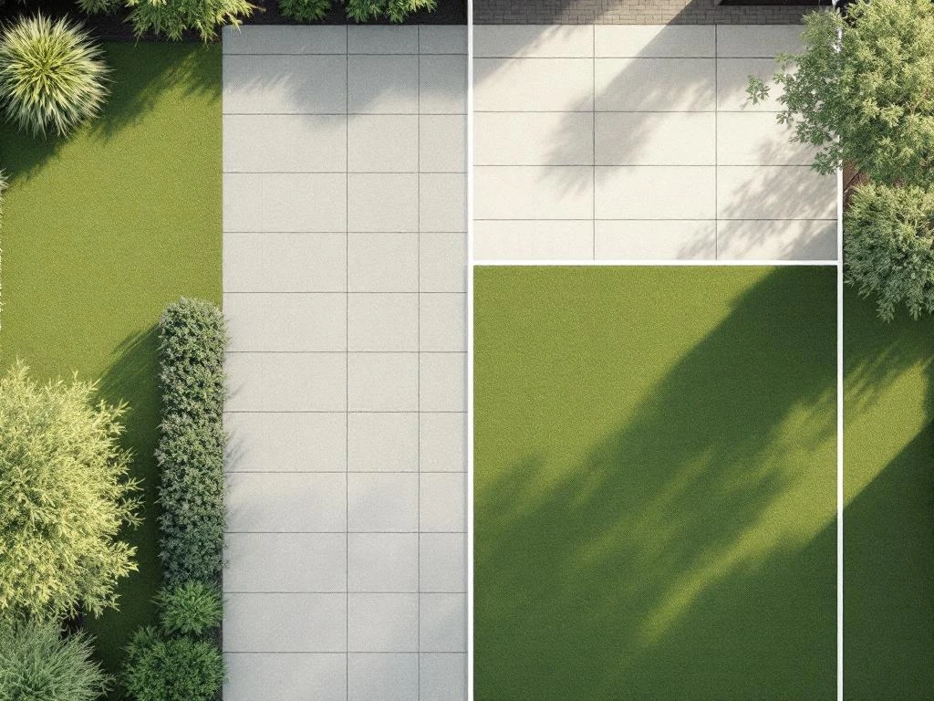 Bovenaanzicht Nederlandse tuin met geometrische bebouwingszones, groen gazon en grijze tegels in strak patroon