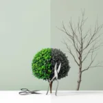 Gesnoeid buxus bol en kaalgesnoeid takkenstructuur met snoeischaar, contrast tussen juiste en overmatige snoei