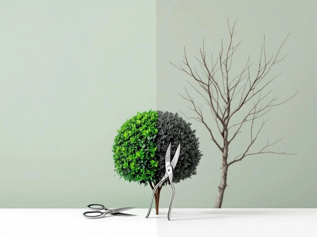 Gesnoeid buxus bol en kaalgesnoeid takkenstructuur met snoeischaar, contrast tussen juiste en overmatige snoei