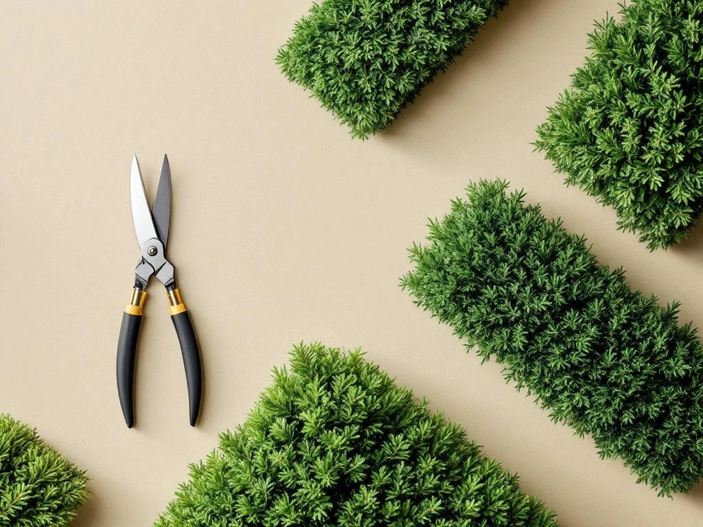 Professionele snoeischaar op geometrisch gerangschikte coniferen met scherpe sneden en natuurlijk licht