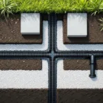 Bovenaanzicht van moderne tuindrainage met zwarte leidingen onder geometrische grondlagen en groen gras