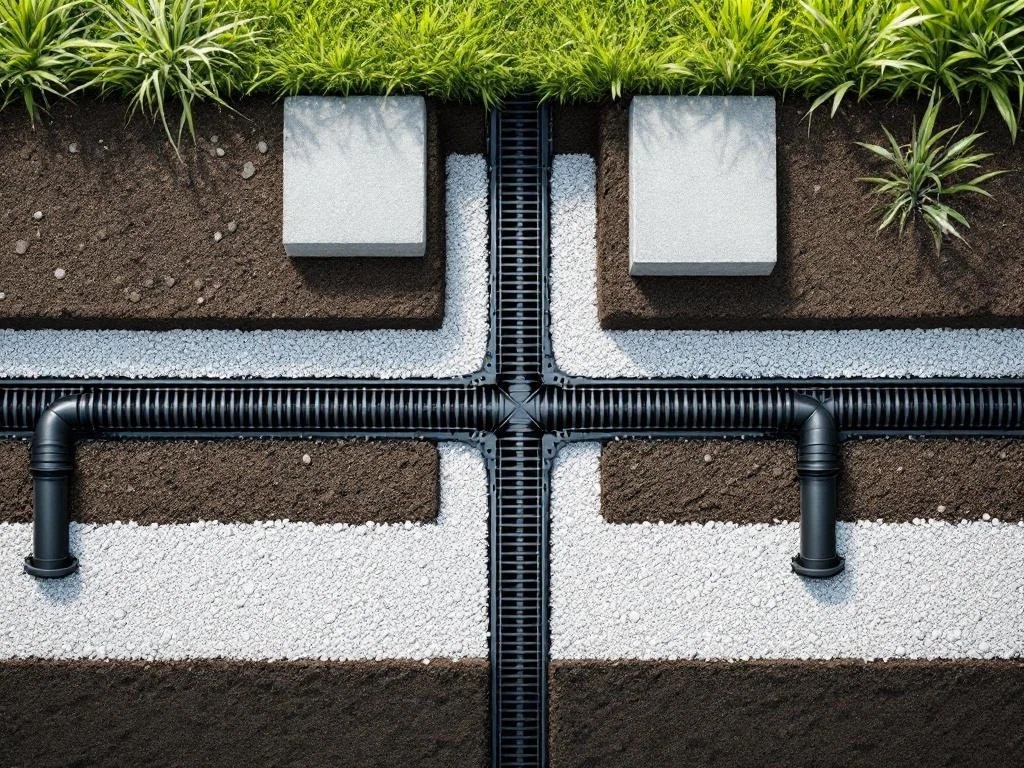 Bovenaanzicht van moderne tuindrainage met zwarte leidingen onder geometrische grondlagen en groen gras