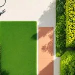 Bovenaanzicht van geometrische tuinelementen met rechthoekig gazon, cirkelvormig terras en moderne tuingereedschap