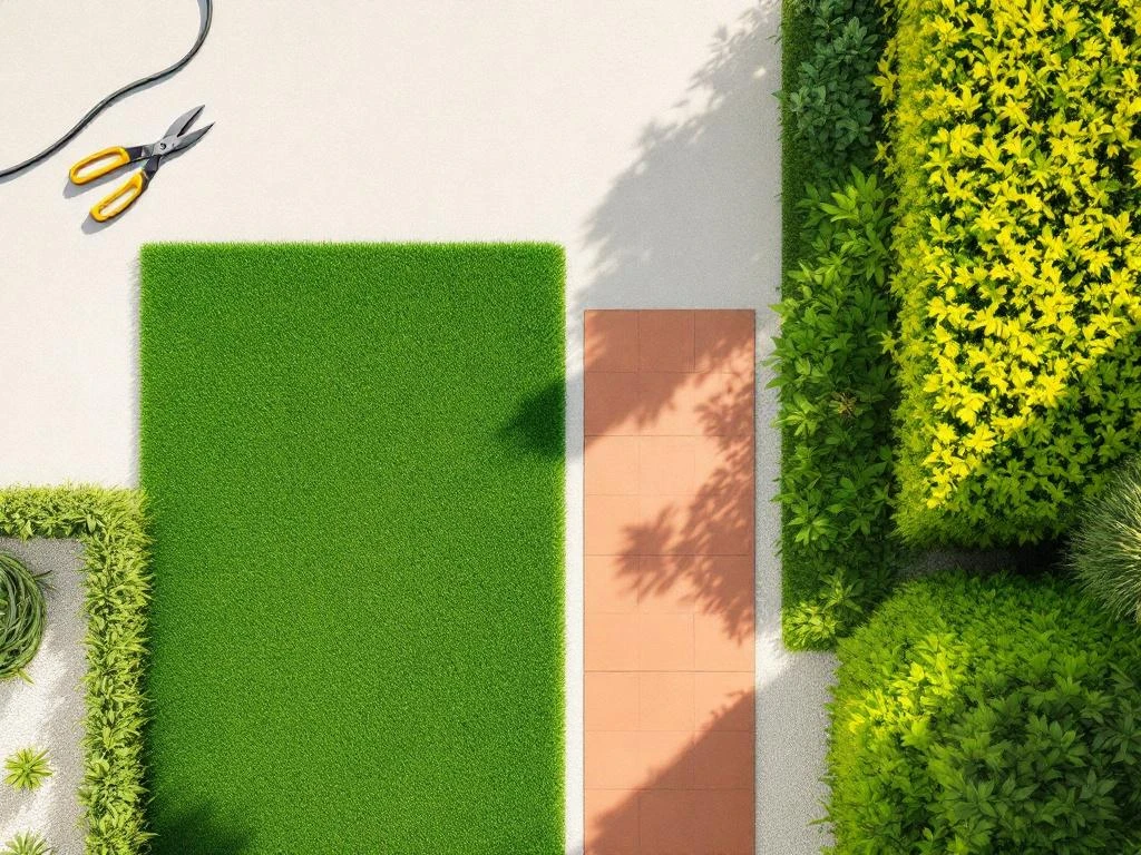 Bovenaanzicht van geometrische tuinelementen met rechthoekig gazon, cirkelvormig terras en moderne tuingereedschap