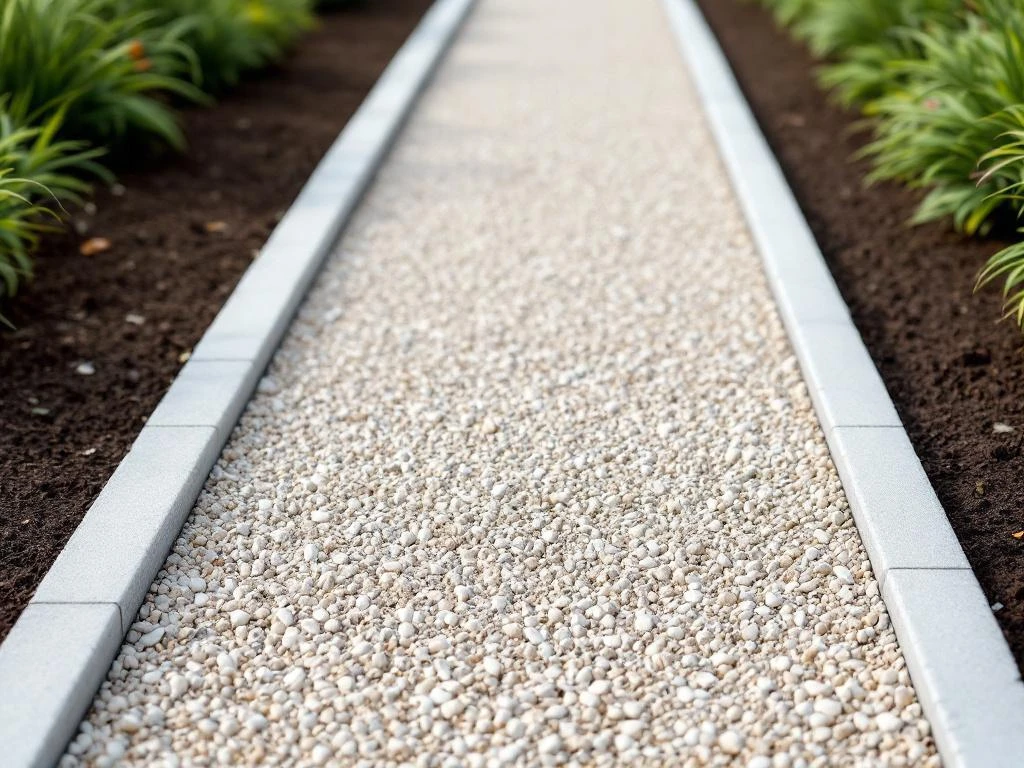 Grindpad met crème en grijze kiezels diagonaal door donkere aarde, scherpe randen en natuurlijk daglicht