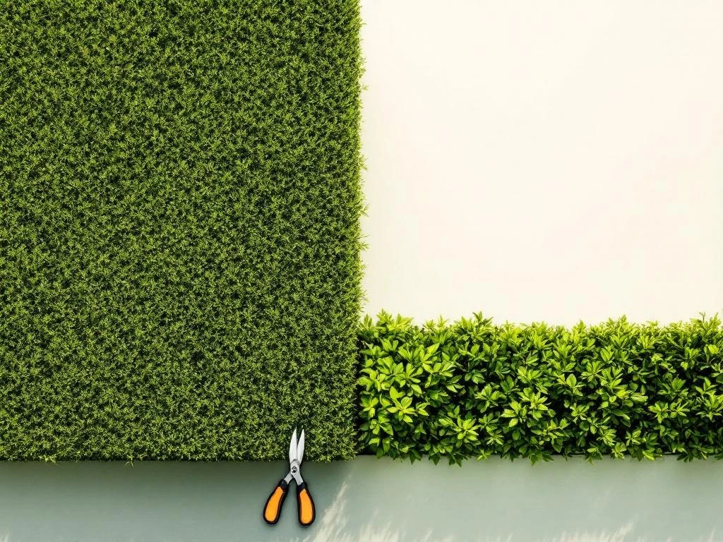Haagschaar naast verticaal gesplitste heg: links strak gemanicuurd, rechts overgroeid, bovenaanzicht op crème achtergrond