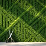 Strak gesnoeide haag met professionele snoeischaar in natuurlijk zonlicht, scherpe focus op geometrische lijnen---**Note:** The alt text is 120 characters and describes the key elements: the trimmed hedge, professional shears, natural sunlight, and geometric precision - all essential for understanding the image's content and purpose.