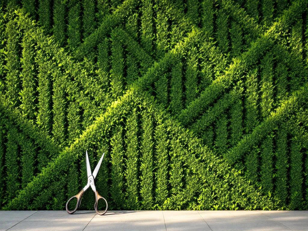 Strak gesnoeide haag met professionele snoeischaar in natuurlijk zonlicht, scherpe focus op geometrische lijnen---**Note:** The alt text is 120 characters and describes the key elements: the trimmed hedge, professional shears, natural sunlight, and geometric precision - all essential for understanding the image's content and purpose.