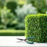 Geometrisch getrimde heg met professionele tuinschaar op witte ondergrond, scherpe focus op vakmanschap