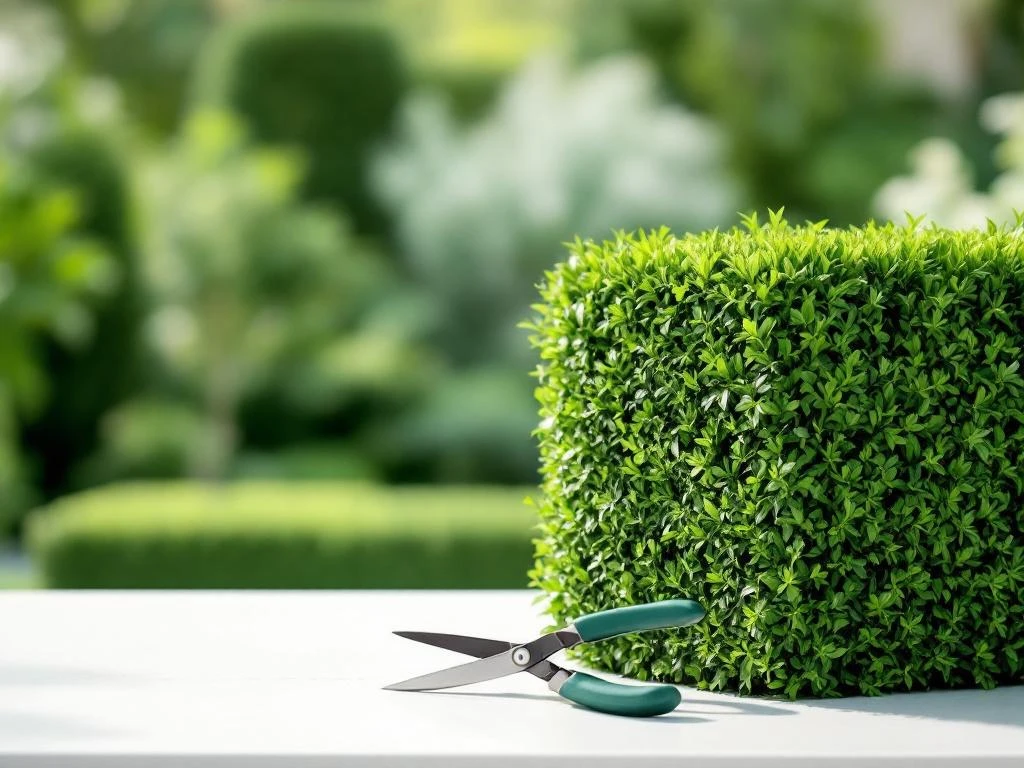 Geometrisch getrimde heg met professionele tuinschaar op witte ondergrond, scherpe focus op vakmanschap