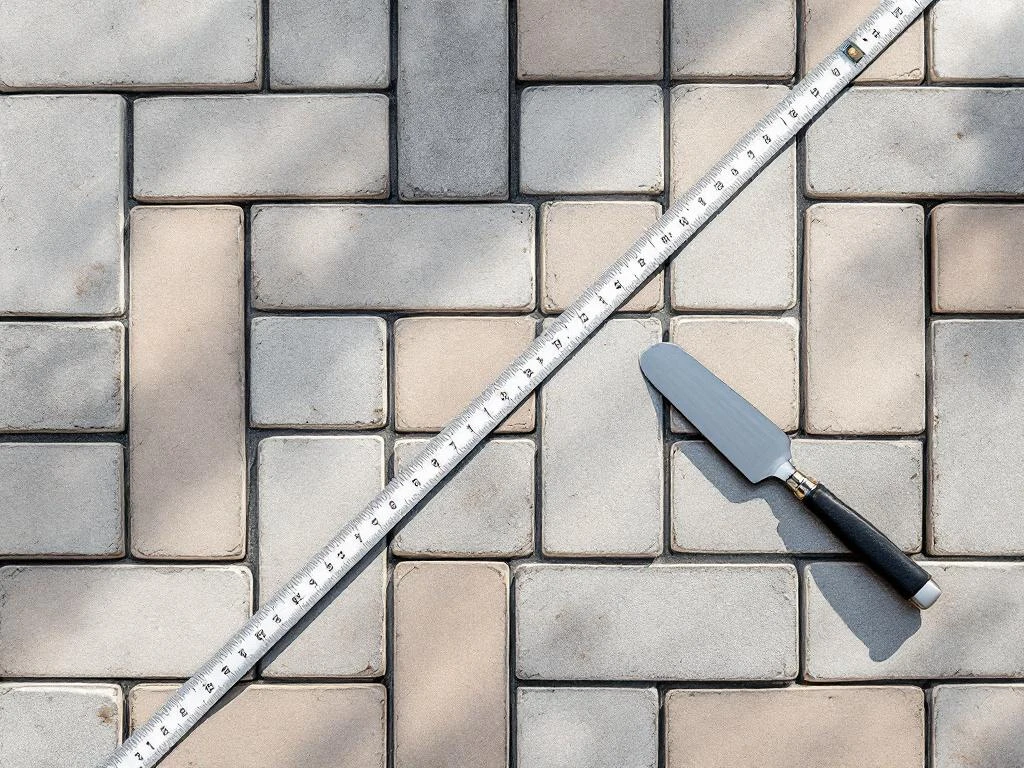 Stenen tegels in visgraatpatroon met meetlint en truweel, bovenaanzicht van professioneel metselwerk