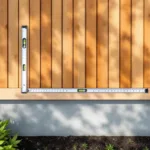 Houten tuinschutting installatie met waterpas en meetlint op betonnen fundering, bovenaanzicht van professioneel timmerwerk