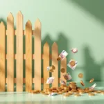 Houten schuttingsectie met zwevende euromunten en biljetten tegen groene achtergrond, kostenconcept