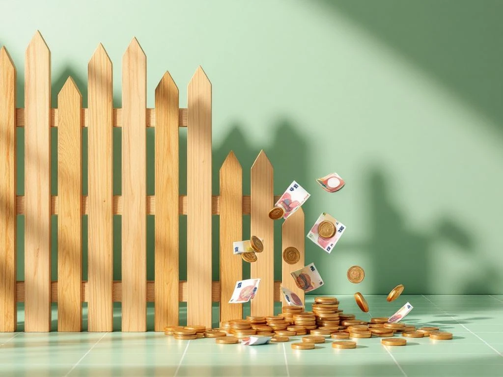 Houten schuttingsectie met zwevende euromunten en biljetten tegen groene achtergrond, kostenconcept