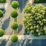 Luchtfoto van woonstraat met netjes gesnoeid groen tegenover overwoekerde boom op stoep, ochtendlicht