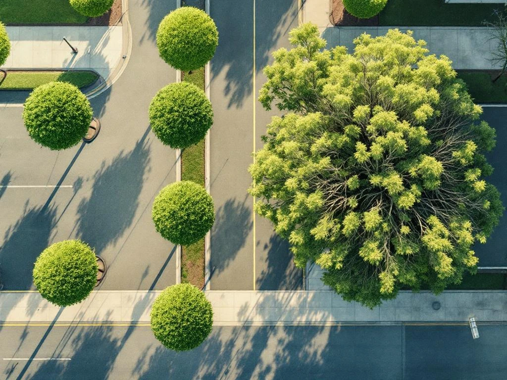 Luchtfoto van woonstraat met netjes gesnoeid groen tegenover overwoekerde boom op stoep, ochtendlicht