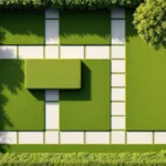 Minimalistisch tuinontwerp van bovenaf met geometrische grasvakken, stenen paden en sierboom in ochtendlicht