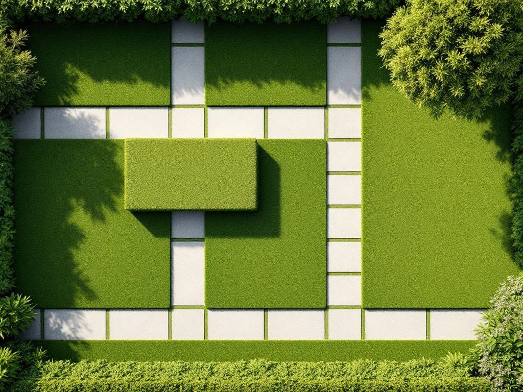 Minimalistisch tuinontwerp van bovenaf met geometrische grasvakken, stenen paden en sierboom in ochtendlicht