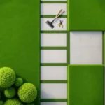 Minimalistische tuin van bovenaf met geometrische grasvelden, stenen paden, buxusbollen en tuingereedschap op houten terras.