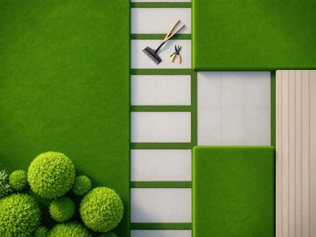 Minimalistische tuin van bovenaf met geometrische grasvelden, stenen paden, buxusbollen en tuingereedschap op houten terras.