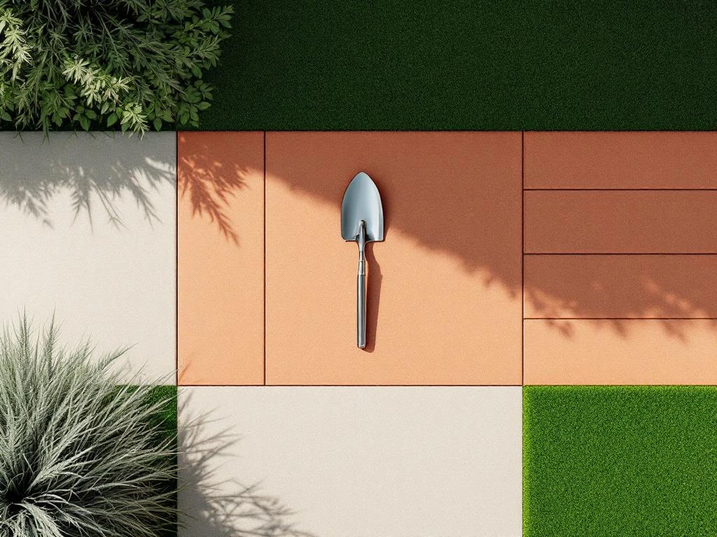 Vogelperspectief van moderne geometrische tuin met grasvelden, terracotta tegels en chromen spade als middelpunt