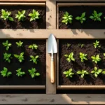 Bovenaanzicht van minimalistische moestuin met geometrische bedden, zaailingen in rijen en houten tuinschepje.