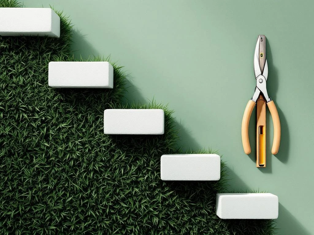 Witte traptreden met bladpatroon op groen gazon, met snoeischaar en waterpas op groene achtergrond