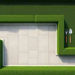 Bovenaanzicht van geometrische tuinbedden met strakke heggen, professioneel tuingereedschap en gestreept grasveld.