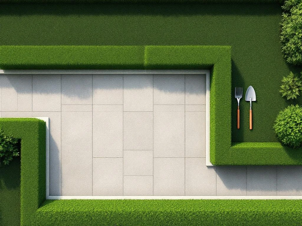 Bovenaanzicht van geometrische tuinbedden met strakke heggen, professioneel tuingereedschap en gestreept grasveld.