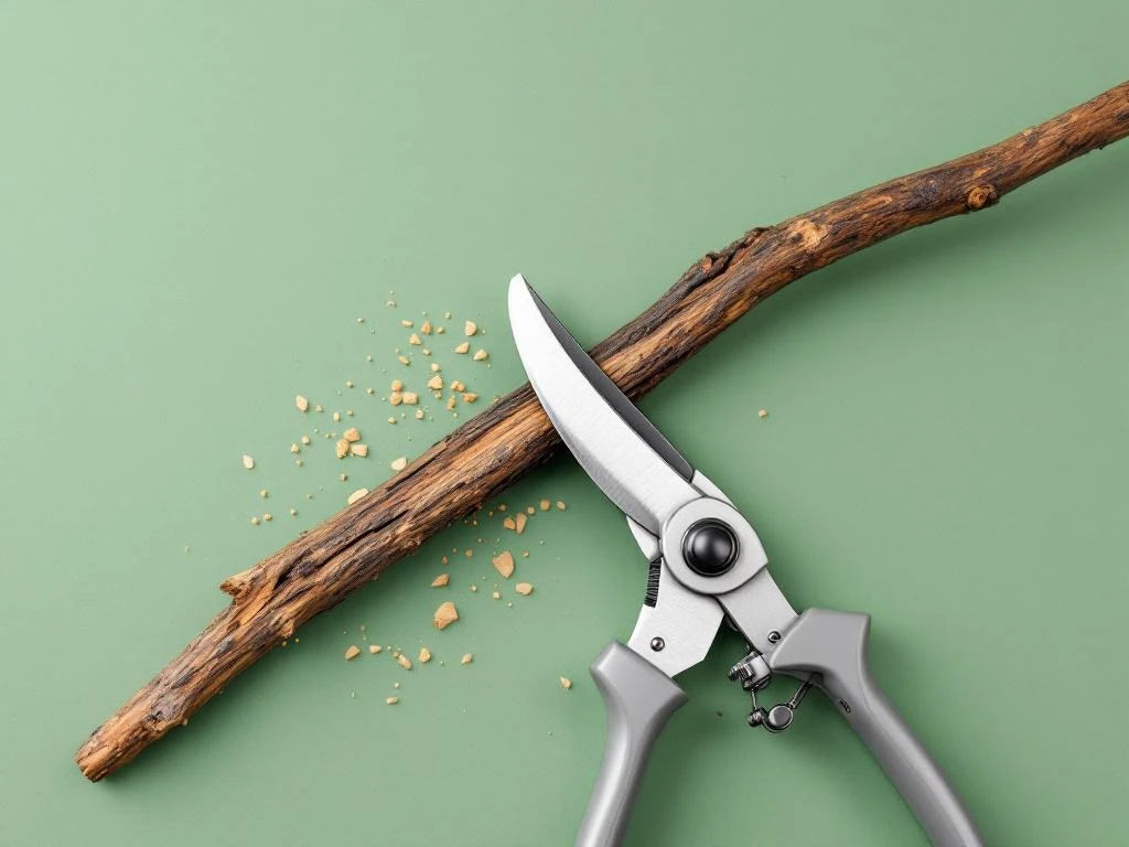 Professionele snoeischaar snijdt door dikke boomtak op groene achtergrond, bovenaanzicht met houtstructuur zichtbaar