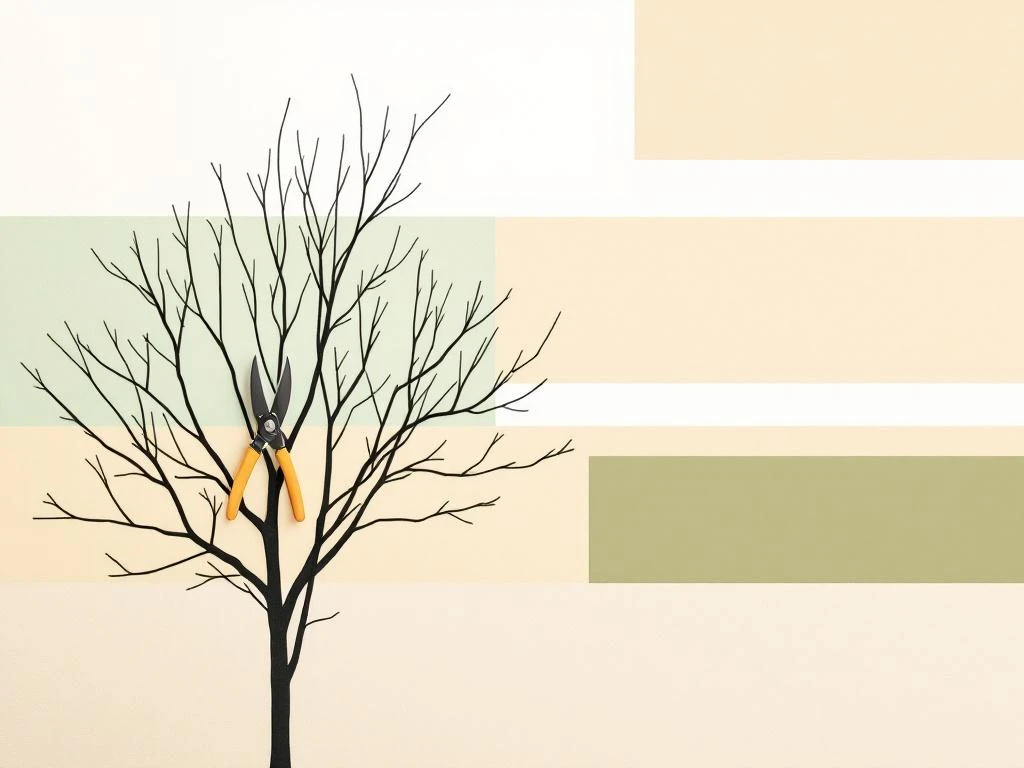 Snoeischaar diagonaal over kale boomtakken met seizoensgebonden kleurvlakken en gemarkeerde snijpunten