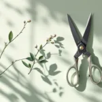 Snoeischaar onder 45 graden hoek op groene achtergrond met tak en klok-elementen in ochtendlicht